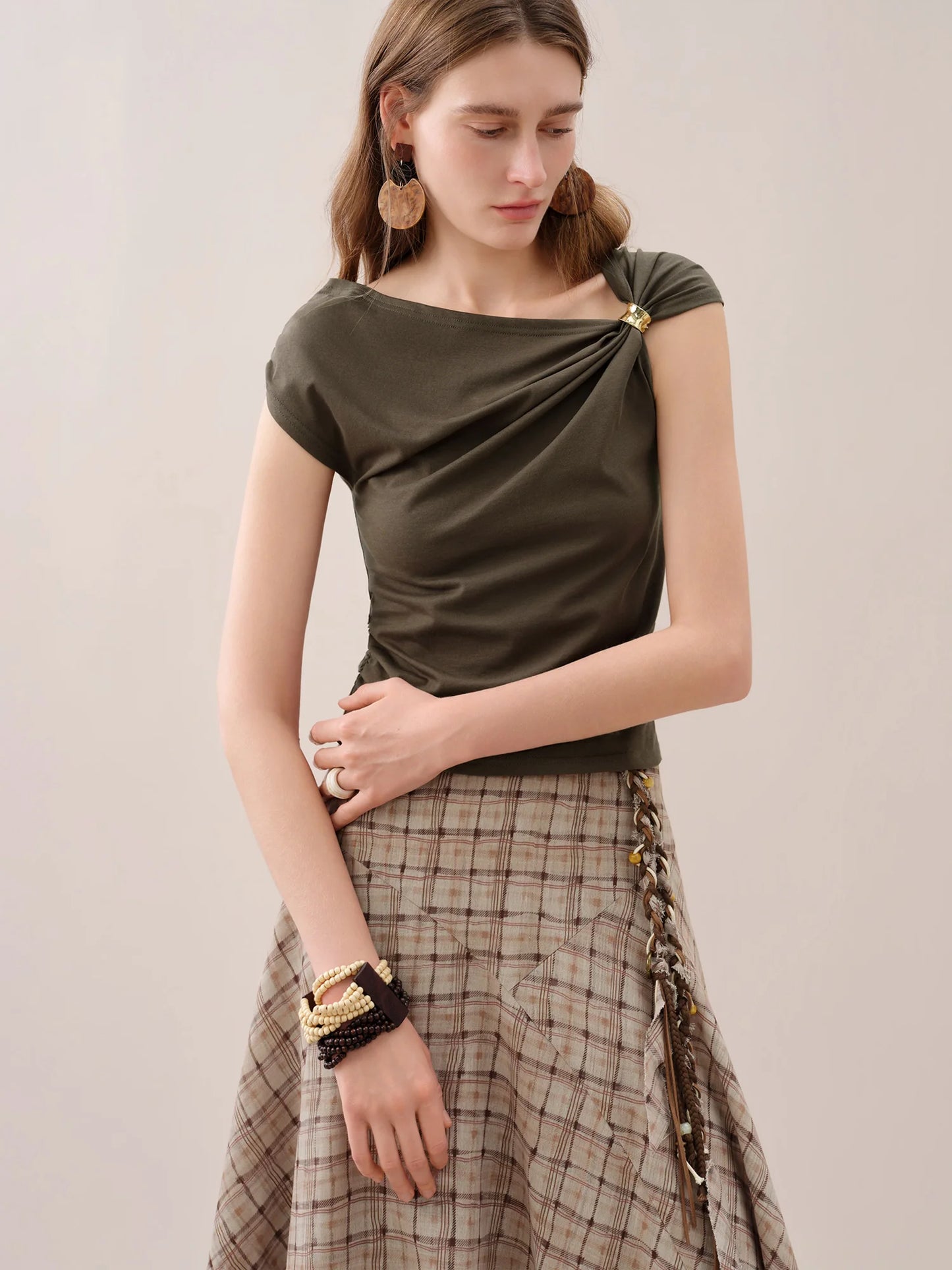 FSLE 【Premium Series】 Women's 2026 Summer New Asymmetrical Slant Neck Knit T-Shirt | Slim Fitted Stylish Top Cotton Contain Tops