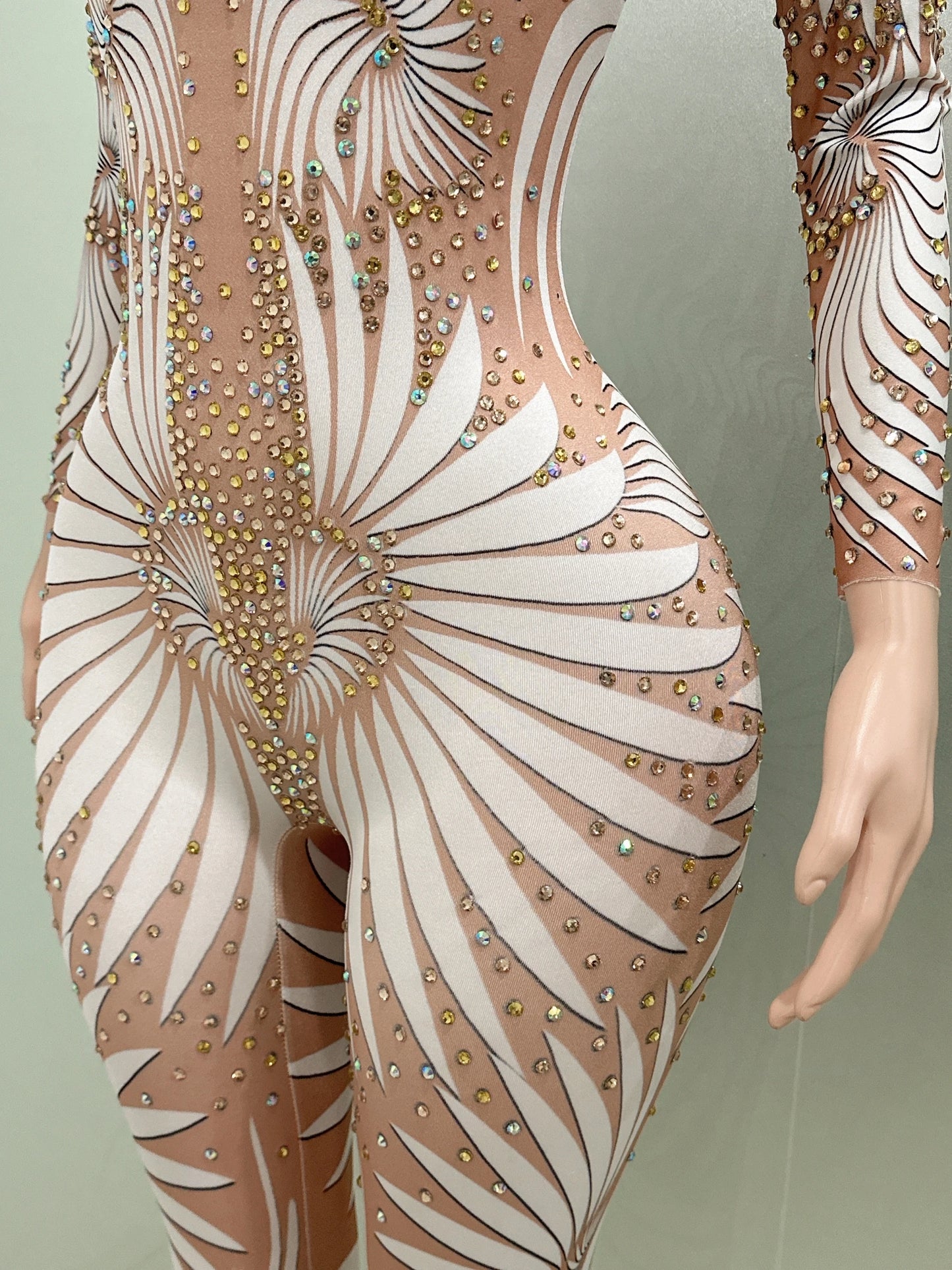 White Printing Shinning Diamonds Sexy Elastic Sheath Long Jumpsuit Evening Party Performance Bar DJ Nightclub Singer Stage Wear