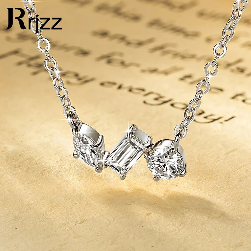 Rrjzz Three Stone D-Color Full Moissanite Pendant Necklace for Women Marquise Emerald Round Cut Necklace Birthday Jewelry Gifts