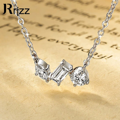 Rrjzz Three Stone D-Color Full Moissanite Pendant Necklace for Women Marquise Emerald Round Cut Necklace Birthday Jewelry Gifts