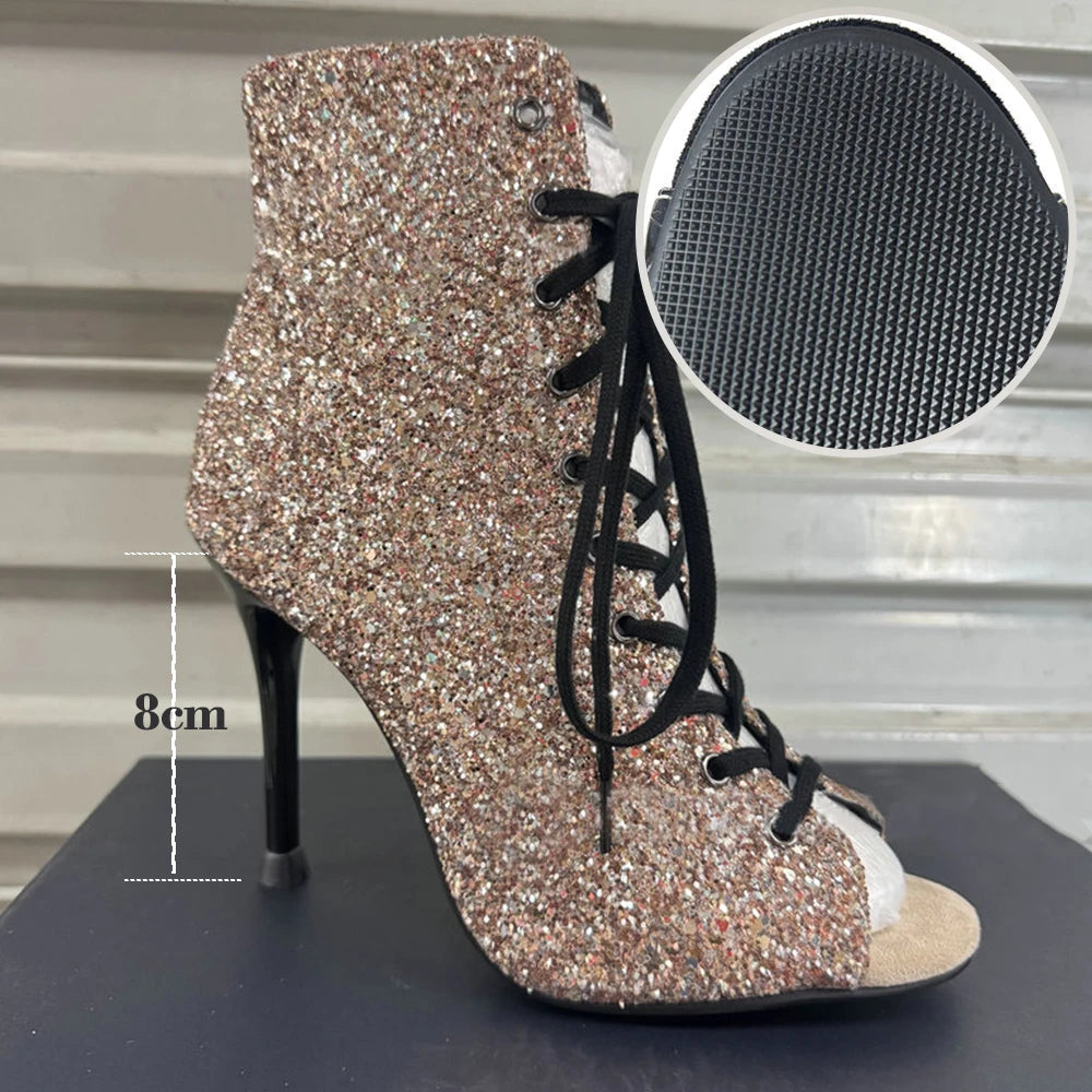 Dance Heels Champagne Black Sparkly Glitter Rubber Sole 10cm Professional High Heel Dance Shoes Salsa Women Dance Party Shoes