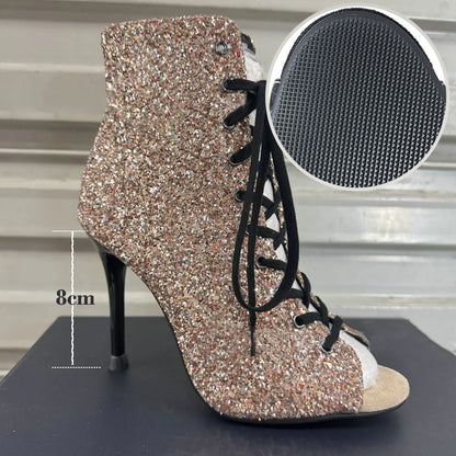 Dance Heels Champagne Black Sparkly Glitter Rubber Sole 10cm Professional High Heel Dance Shoes Salsa Women Dance Party Shoes