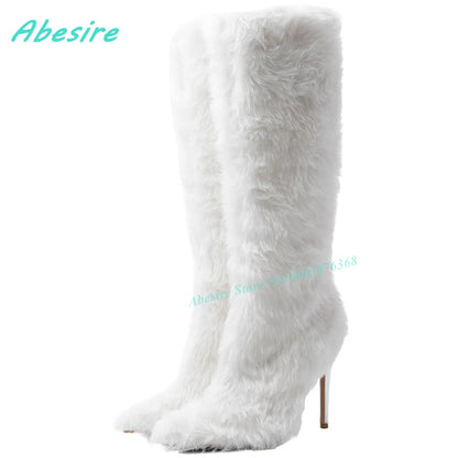 White Faux Fluffy Fur Knee High Boots Pointed Toe Stiletto Heels Side Zipper Women's Boots Spicy Girls Fashion Show Winter Shoes