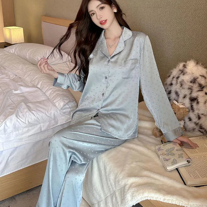 Women's New Arrival Silk-Feel Ice-Silk Lightweight Long-Sleeve Pajama Set Two-Piece Comfortable Homewear Suit