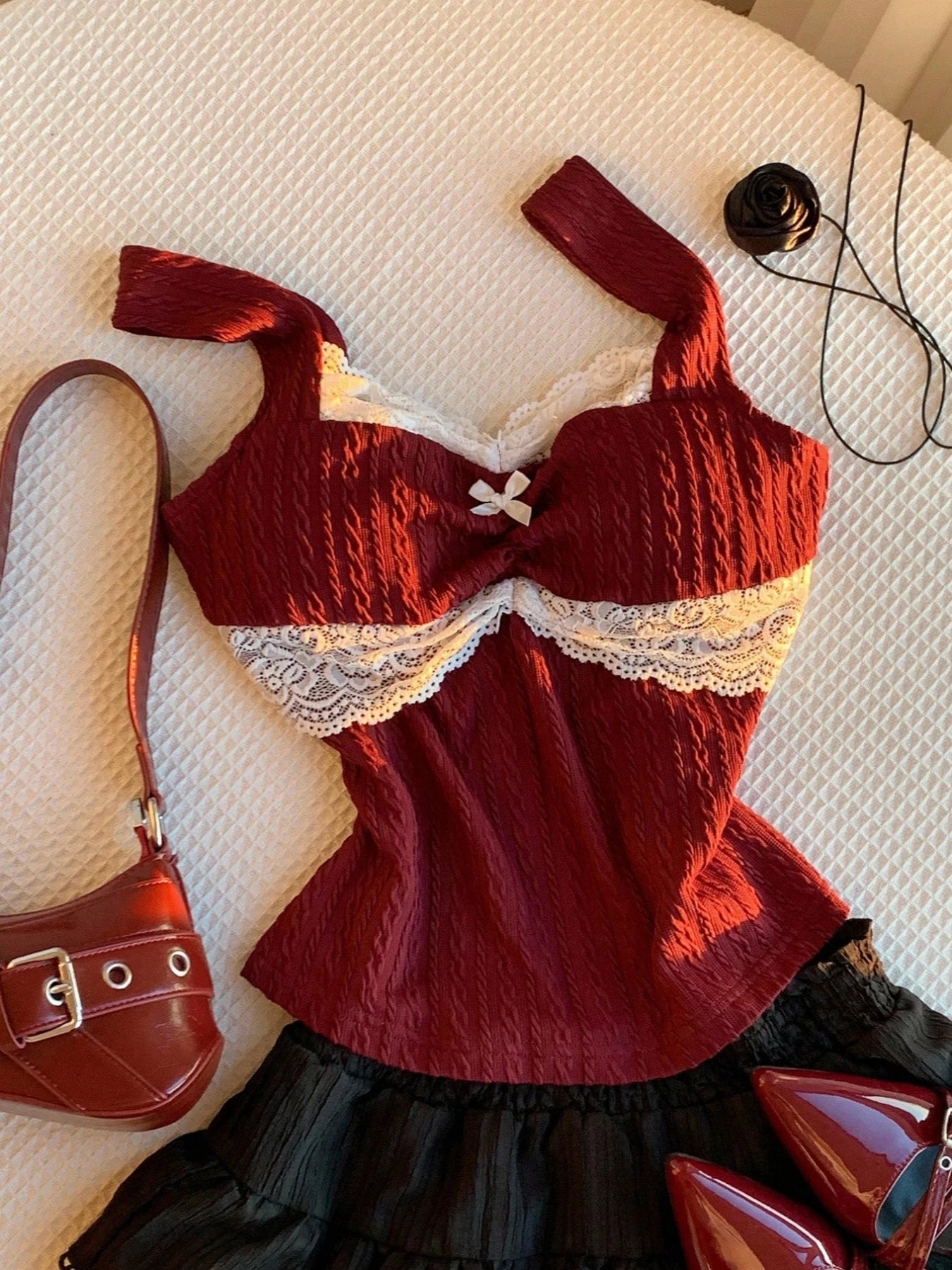 Y2K summer fashion new patchwork lace bow decoration pure desire vest, versatile top for wearing outside