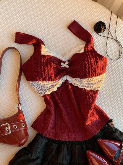 Y2K summer fashion new patchwork lace bow decoration pure desire vest, versatile top for wearing outside
