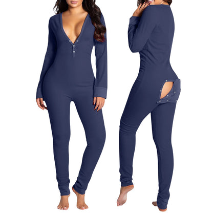 Combhasaki Women Sleeping Rompers Pajamas  Long Sleeve V-Neck Printed Slim Detachable Crotch Elastic Homewear Jumpsuits