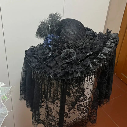 Steampunk Handmade Lace Vintage Bandage Bow Wizard Hat Adult Gothic Lolita Cosplay Costume Halloween Party Bucket hat