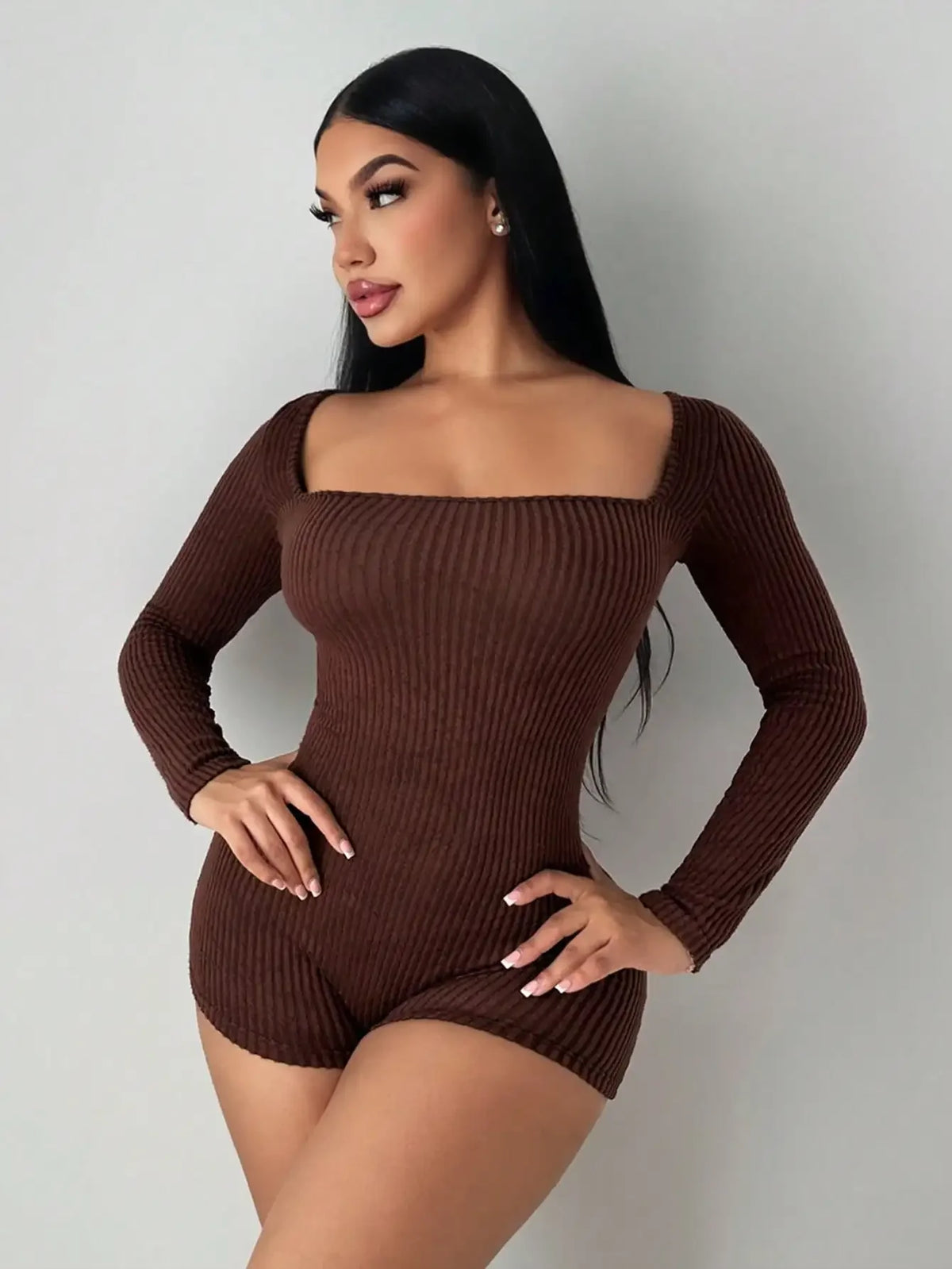 Fashionable Sexy Square Neck Solid Color Long Sleeve Slim Fit Ribbed Onesie Pants