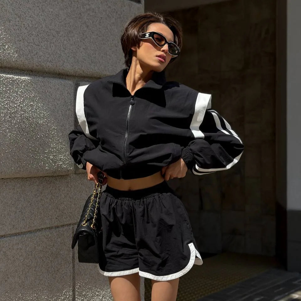 Lady'snavy Chevron Stripe Windbreaker Tracksuit Zip Cropped Jacket Contrast Trim Shorts 2026 Casual Sport Daily Jogging Street