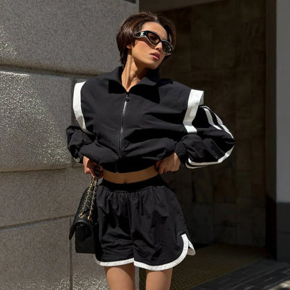 Lady'snavy Chevron Stripe Windbreaker Tracksuit Zip Cropped Jacket Contrast Trim Shorts 2026 Casual Sport Daily Jogging Street