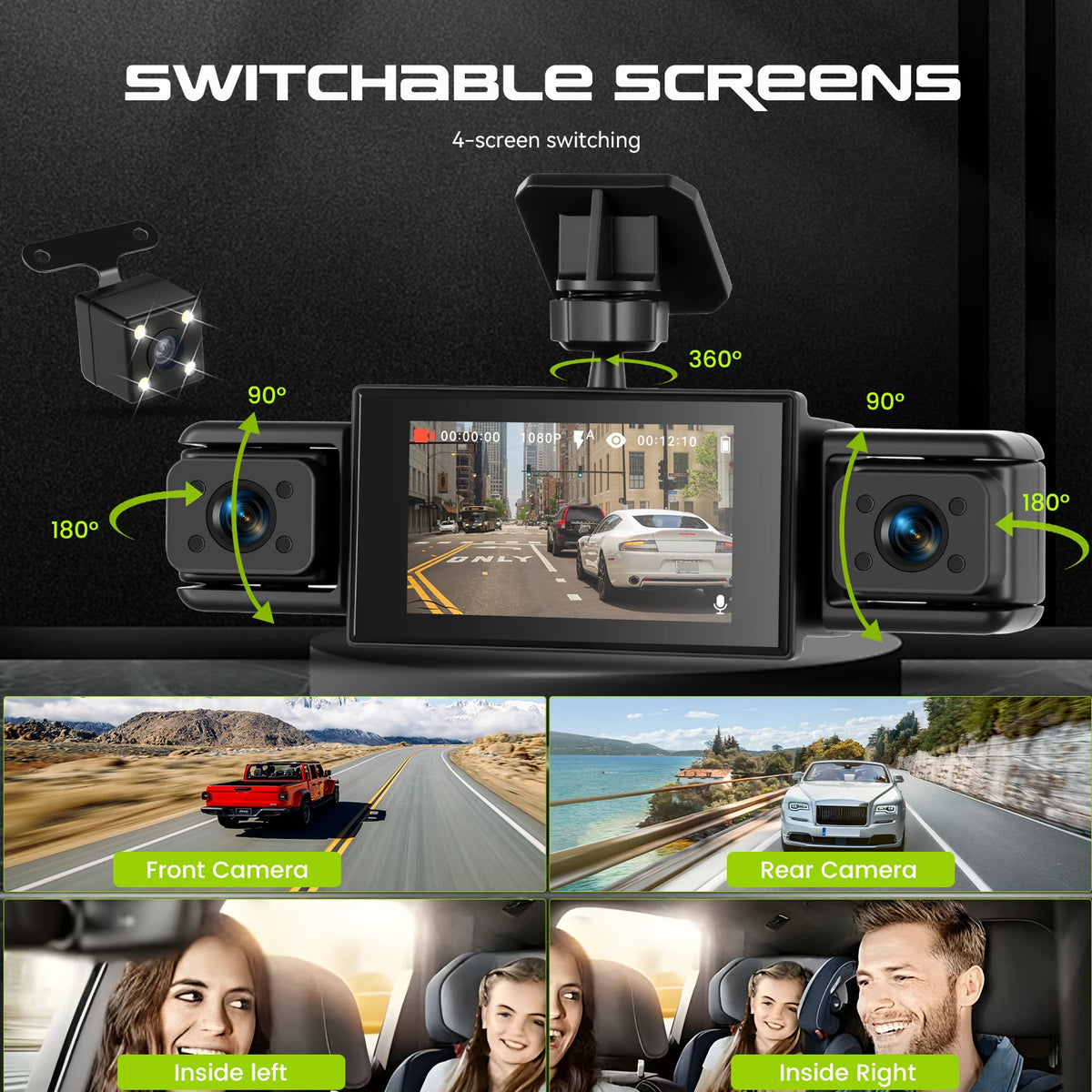 Podofo Dashcam for Cars 4 Channel Black Box WiFi Driving Camera 1080P Car Dash Cam with Four High-Definition Cameras, Including 480P Left Interior, Right Interior, and Rear Cameras  Loop Recording, 360 Degree Protection Car D
