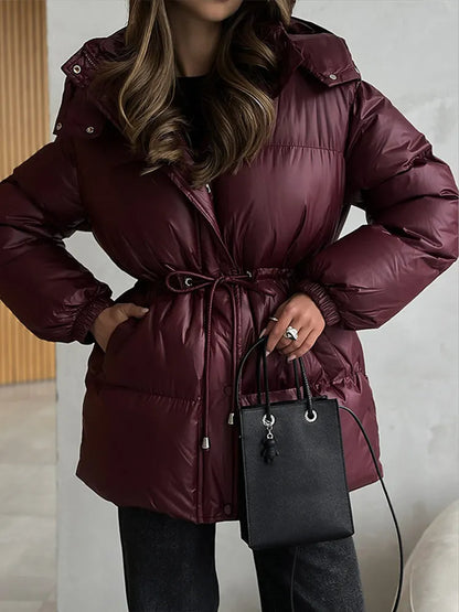 2026 Winter Warm Hooded Padded Cotton Coats Women Casual Drawstring Waist-closed Thick Jackets Female Chic Outerwear Lady New
