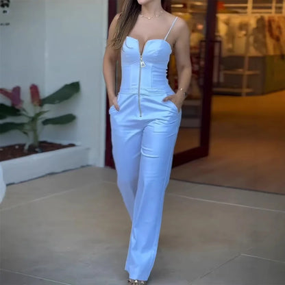 Fashion High Street Sleeveless Jumpsuit For Women 2026 Sexy Spaghetti Strap Bodycon Jumpsuits Office Elegant White Slim Romper