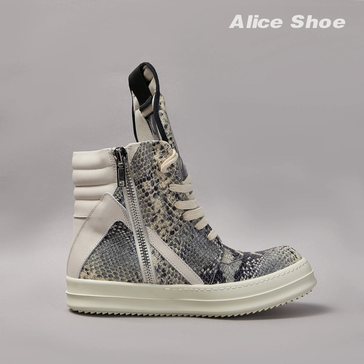 Brand Men Ankle Boot Casual Leather High Top Women Sneaker Python-Embossed Flat Luxury Trainer Designer Platform Grey Flat Shoe