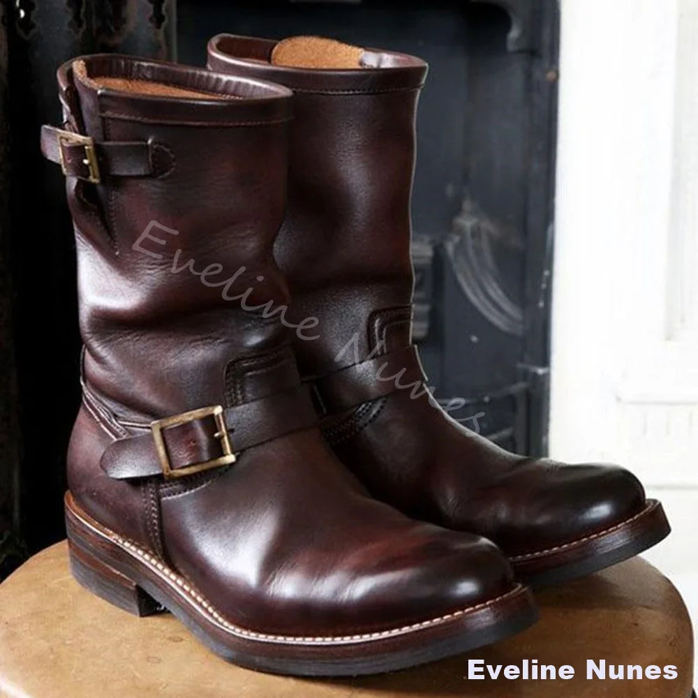 Black Vintage Leather Engineer Boots Men Round Toe Double Metal Buckle Slouchy Mid Calf Boots Low Block Heel Motorcycle Boots