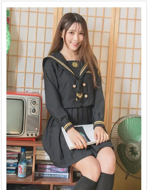 Spring Autumn Long Sleeve Japanese JK Sets School Uniforms Girls Musketeers High School Women Novelty Pleated Skirt Sailor Suits