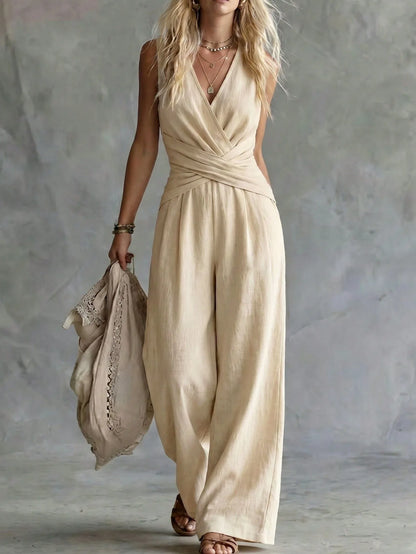 Fashion Light Blue Wide Leg Pants Jumpsuit Women's V-neck Sleeveless Cross Wrap Waist Design Rompers Summer Casual Jumpsuits
