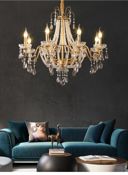 European Living Room Gold Candle E14 Chandelier Luxury Crystal Pearl Led Pendant Lights Villa Decor Led Suspend Lamp Luminarias
