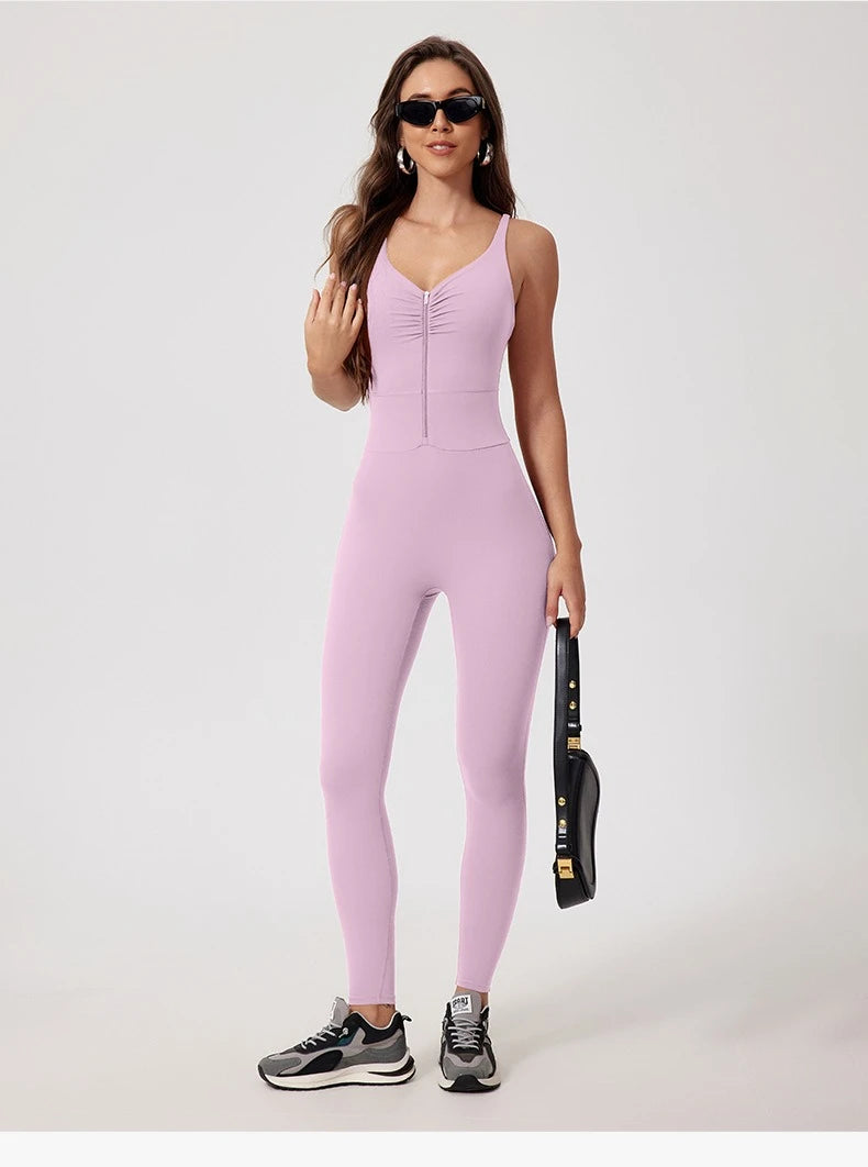 Fashion Folds Zipper Sport Bodycon Jumpsuits Women One Pieces Yoga Outfit Sleeveless Backless Gym Fitness Overalls Sexy Monkeys
