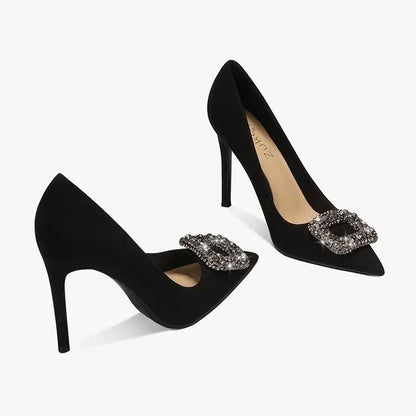 2025 Women's Summer New Luxury Crystal Square Buckle Design Sexy Pointed Stilettos Elegant Banquet Dress Party Shoes Plus Size