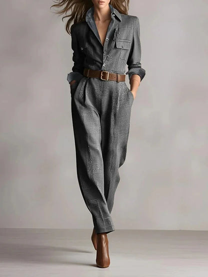Womens Retro Plaid Jumpsuit Fashion Lapel Collar Button Pocket Long Workwear Jumpsuit AutumnCasual Office Jumpsuits