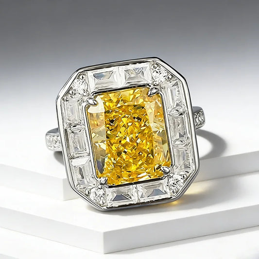 Luxury 18K white Solid Platinum PT950 rectangular yellow diamond ice flower cut 8*10mm moissanite versatile ring for women