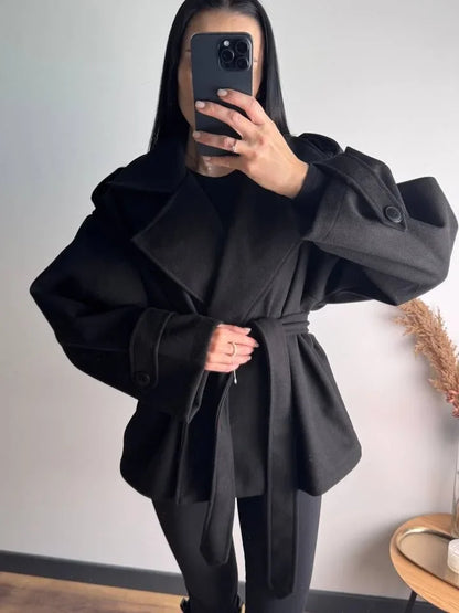 Women Short Wool Blend Trench Coat Lapel Collar Belted Waist Wrap Long Sleeve Loose Overcoat Casual Autumn Winter Lady Jackets