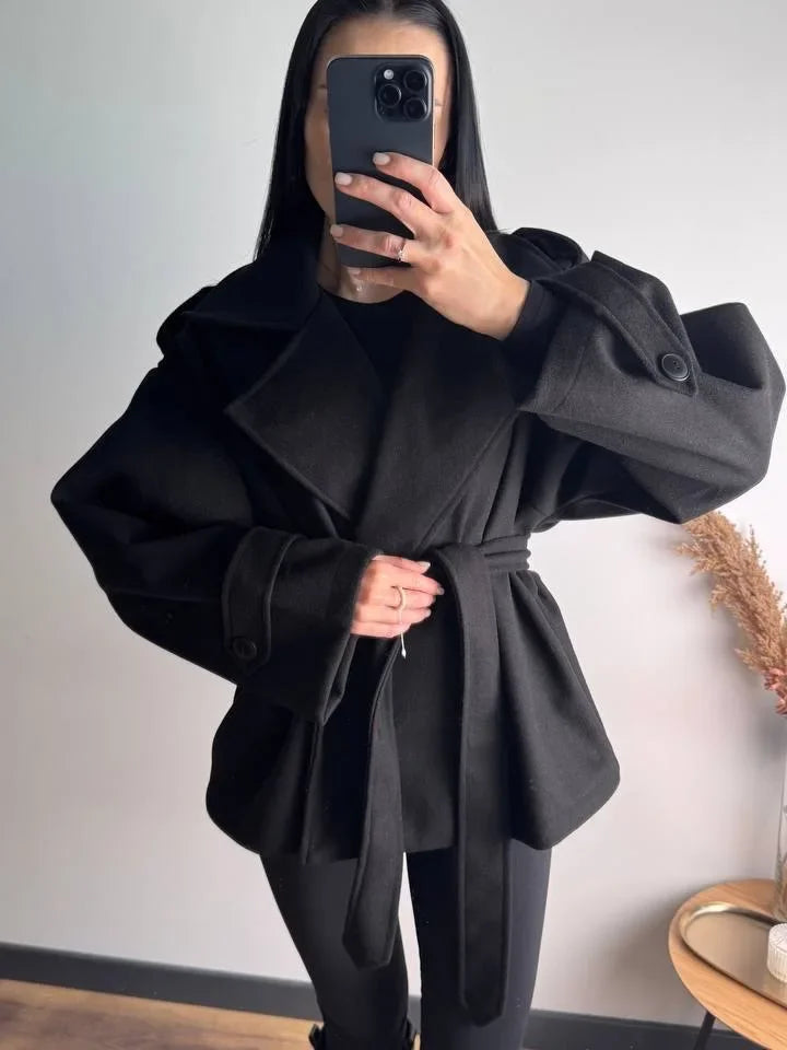 Women Short Wool Blend Trench Coat Lapel Collar Belted Waist Wrap Long Sleeve Loose Overcoat Casual Autumn Winter Lady Jackets