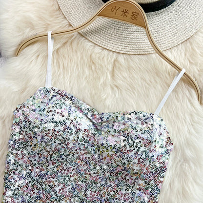 Sexy Sequin Party spaghetti Croset Bustier backless Slim Tanks and Camis Strap Glitter Crop Top Fashion Summer Women Clothes Y2k