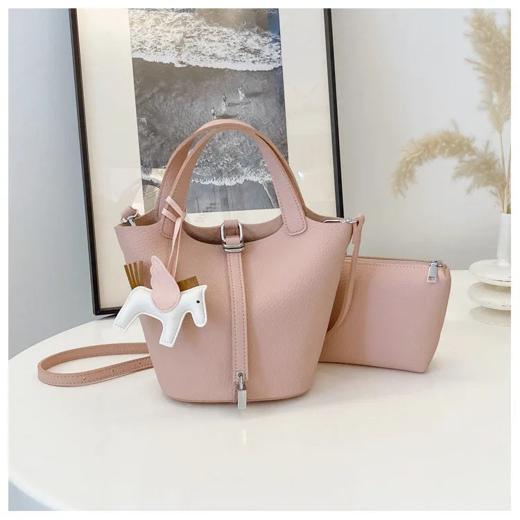 Fashion Vegetable Basket Bucket Bag Women's Autumn New Lychee Pattern Shoulder Bag Simple Solid Color Niche Messenger Bag