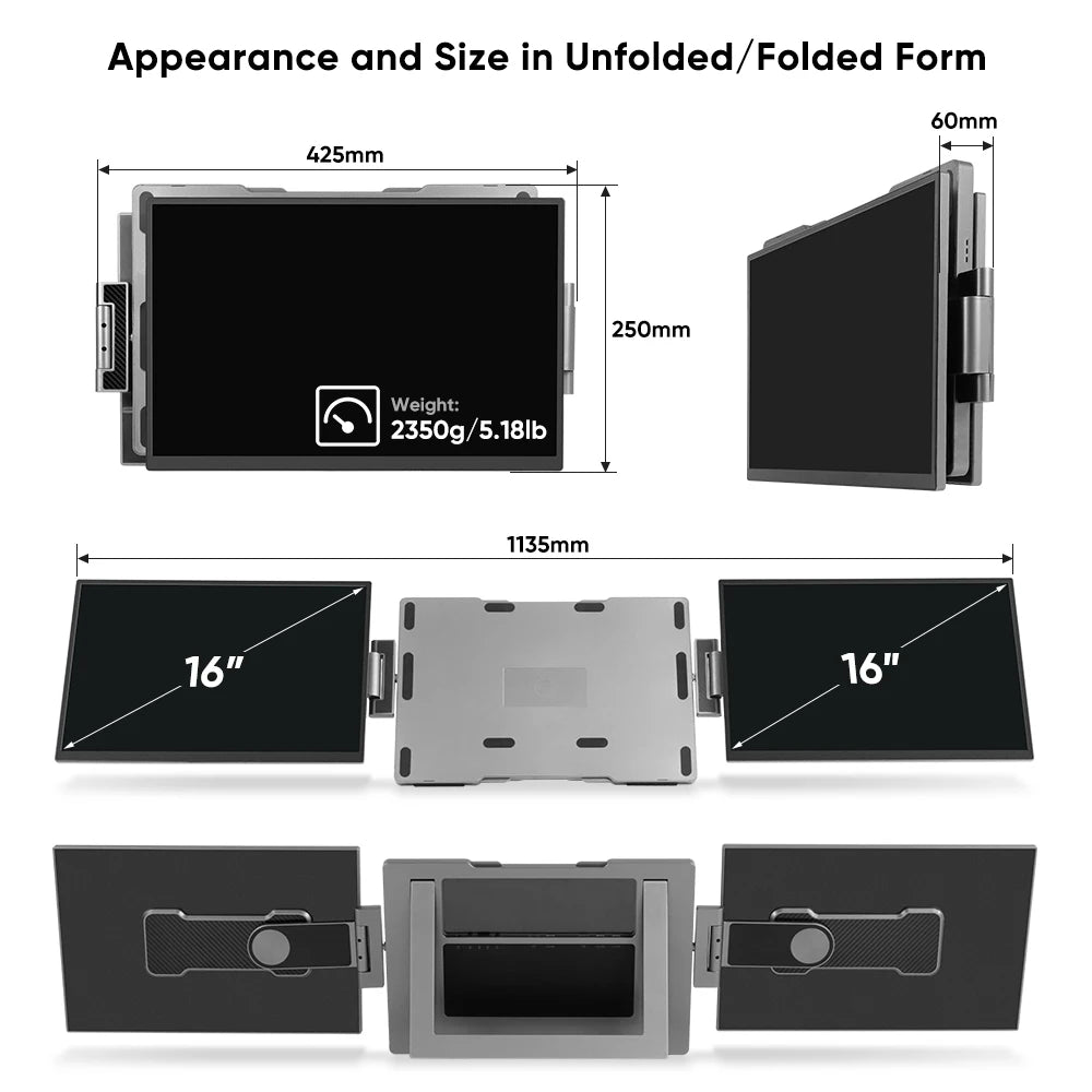 SIBOLAN 16" 2.5k Portable Dual Laptop Monitor 14" Optional 16:10 HDR 2560*1600P UHD Triple Folding Display for Laptop Windows
