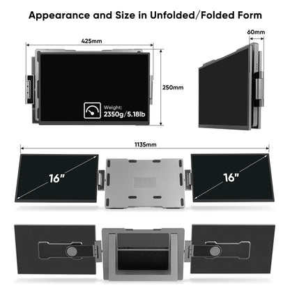 SIBOLAN 16" 2.5k Portable Dual Laptop Monitor 14" Optional 16:10 HDR 2560*1600P UHD Triple Folding Display for Laptop Windows