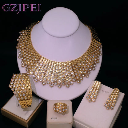 GZJPEI Shiny White Zircon Jewelry Set For Women Italy Nigeria Wedding Jewellery 18K Gold Plated Mother's Day Gift On Sale ﻿