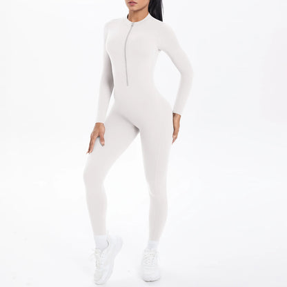 Solid Color Bodysuits for Woman's Backless Long Sleeved Zipper Yoga Jumpsuits High Dtrength Workout Sports Fitness Clothing Set