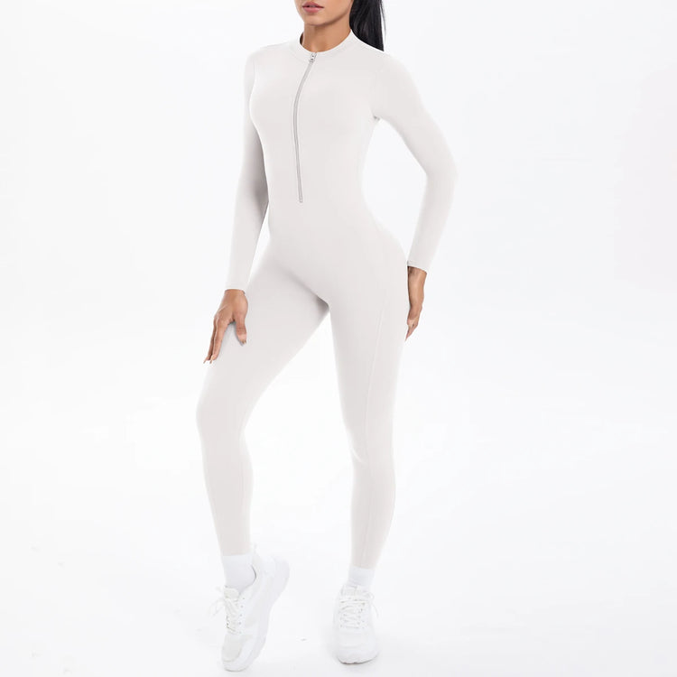 Solid Color Bodysuits for Woman's Backless Long Sleeved Zipper Yoga Jumpsuits High Dtrength Workout Sports Fitness Clothing Set