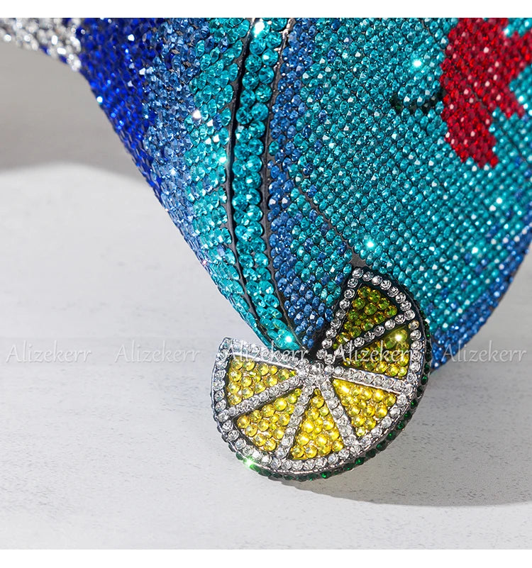 Alizekerr Cocktail Glass Shaped Rhinestone Evening Bags Luxury Designer Gorgeous Crystal Metal Purses And Handbags Wedding Party