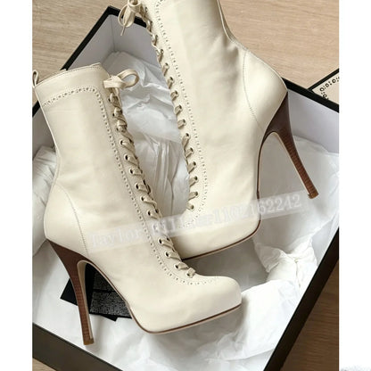 Women Retro Lace Up Stiletto Ankle Boots Round Toe Side Zipper Platform High Heel Short Bootie Fashion Ladies Thin Heel Footwear