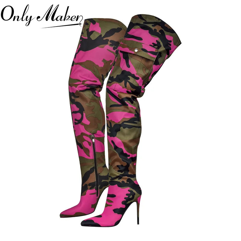 Onlymaker Womens Mixed Colors  CamouflageOver The Knee Boots Thin Heel Pointy Colorful Print  Thigh High Boots