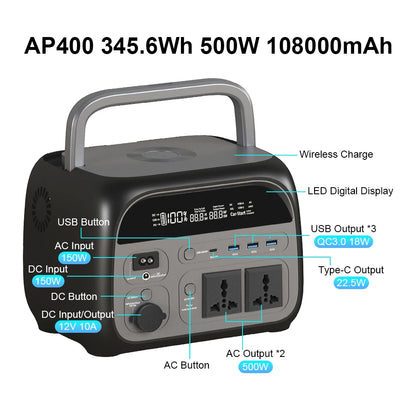 Ctolity 345Wh 500w Portable Power Station 220v Lifepo4 Battery Solar Generator 108000mAh Camping Equipment Wireless Charging