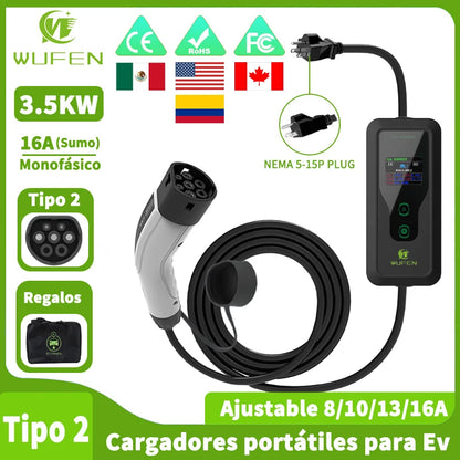 WUFEN Portable Type 2 Charger 110V US NEMA 5-15P Plug Max 3.5kw Type2 EV Charger 16A 1Phase Charging Plug For IEC 62196 Vehicle
