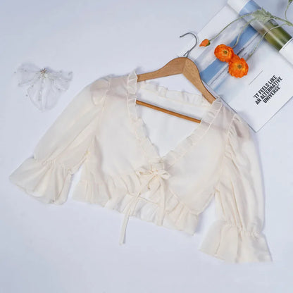 Spring, Summer, and Autumn Chiffon Lace Up Shirt, Shawl, Camisole, Thin Design, Sexy Solid Color, Loose Fit, Sweet Matching, Wed