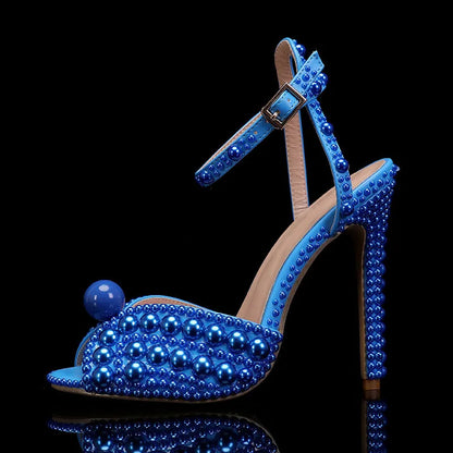 Luxury Handmade Pearl Peep Toe Women Sandals Fashion Summer Wedding Princess Thin High heels Elegant Party Prom Bridal Shoes