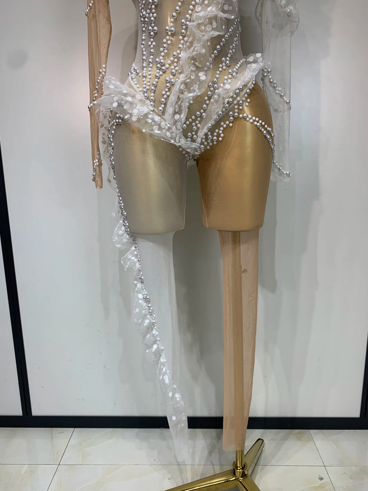 Women Sexy See Through Mesh Ruffles Pearls Jumpsuits Nightclub Party Jumpsuits Skinny Rompers Stage Show Singer Dance Outfit