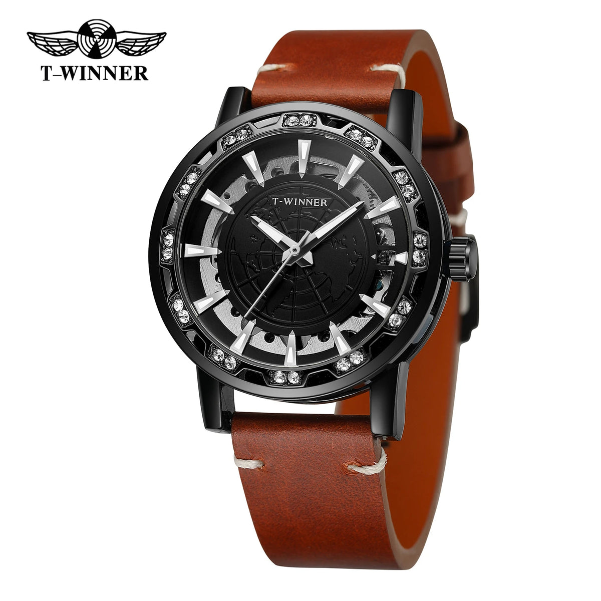 Winner Design World Map Transparent Skeleton Mechanical Watch for Men Fashion Diamond Luminous Luxury Leather Strap Unisex