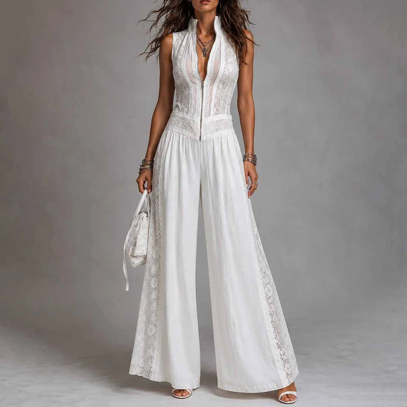 Casual Sleeveless Wide Leg Pant Playsuits Women's Elegant Lace Splicing Long Jumpsuits Fashion Stand Collar Zipper Solid Romper