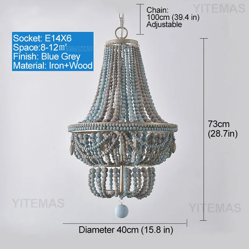 Blue Grey Wooden Beads 8 Lights Chandeliers For Foyers Vintage White Chandelier Lighting Bedroom Living Room Boho Pendant Light