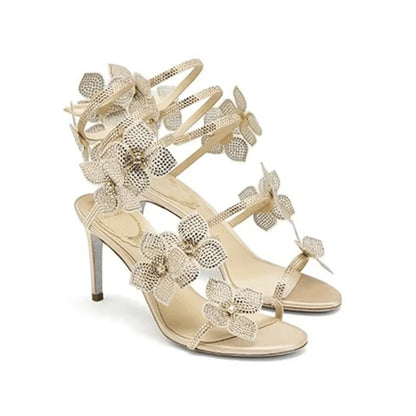 Luxury Rhinestones Flowers Women Gladiator Sandals Sexy Snake Twine Ankle Strap High heels Summer Wedding Prom Shoes Sandalias