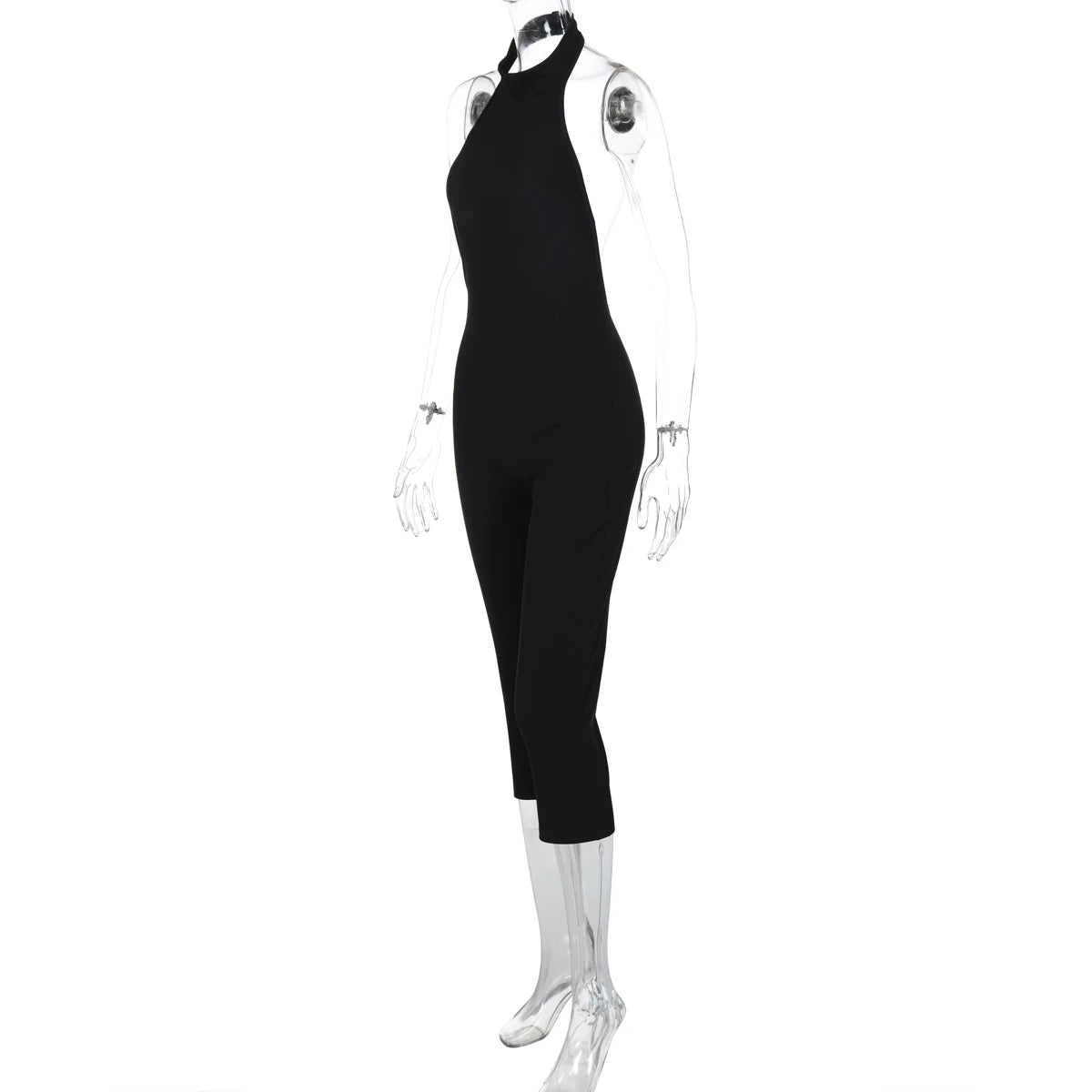Hugcitar Ribbed Halter Backless Solid Button Sexy Bodycon Skinny Jumpsuit Summer Women Fashion Vacation Romper Streetwear Club