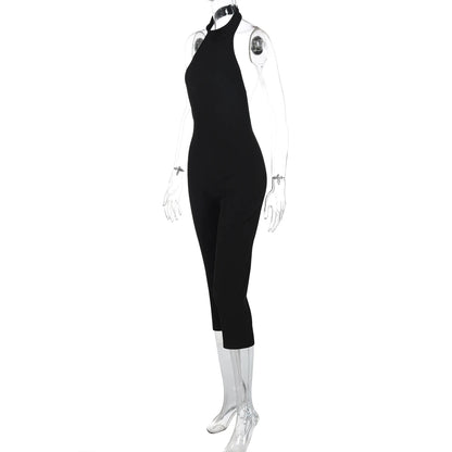 Hugcitar Ribbed Halter Backless Solid Button Sexy Bodycon Skinny Jumpsuit Summer Women Fashion Vacation Romper Streetwear Club